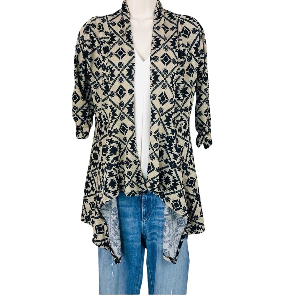 LDLA Tan Black Tribal Print Waterfall Open Front Knit Jacket 3/4 Ruched Sleeves
